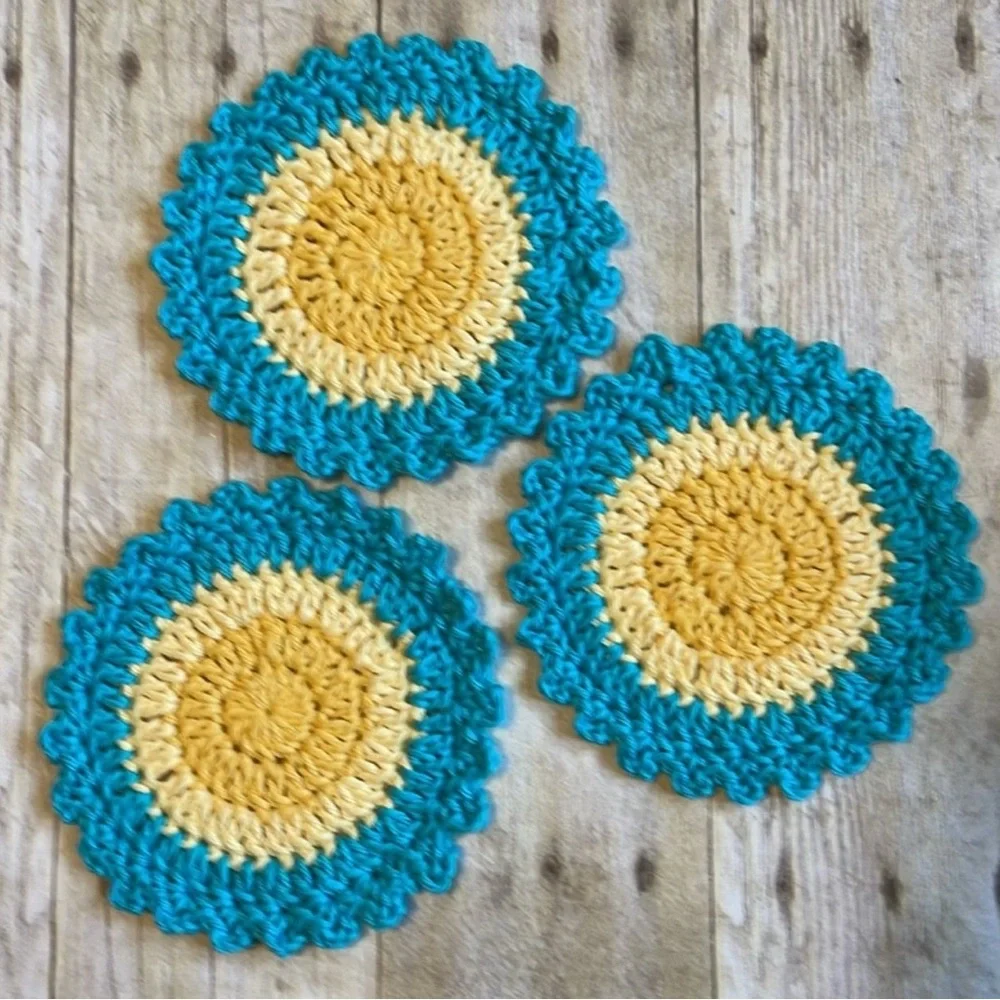 Crochet Set of Three Coasters/Small Doilies Turquoise 5 1/2 Inches